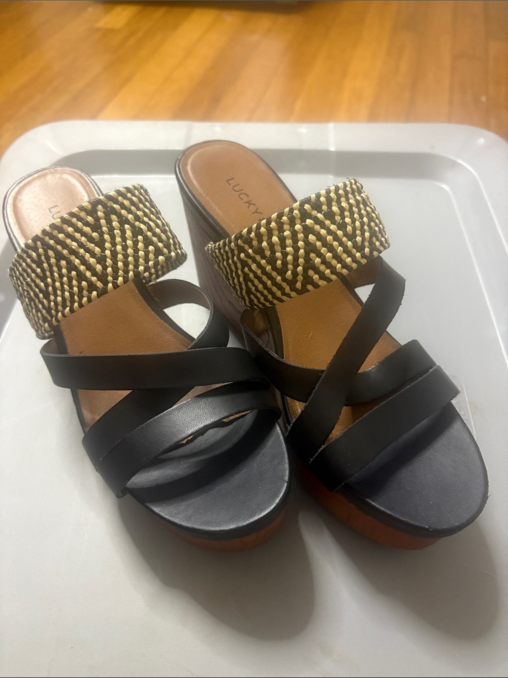 Lucky Brand Black and Gold Braided Wedge Slide Sandals